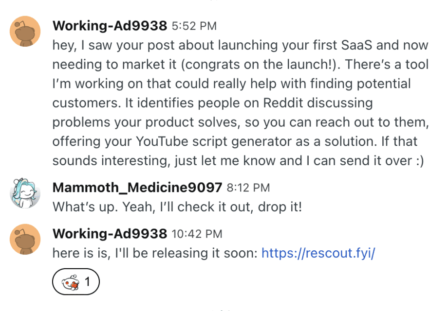 Reddit chat where a prospect replies to a Rescout outreach message (1 of 12)