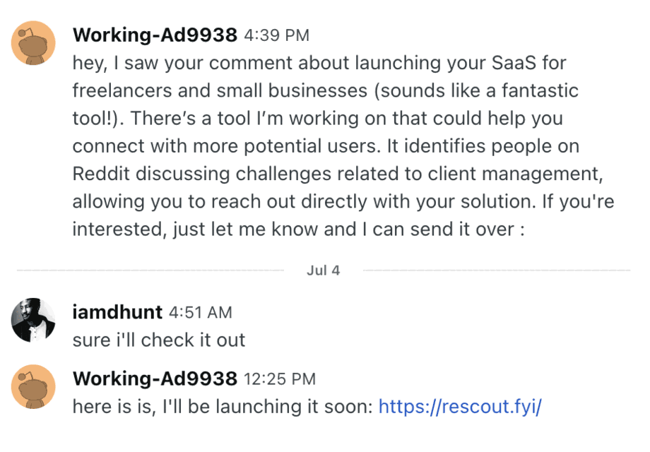 Reddit chat where a prospect replies to a Rescout outreach message (2 of 12)