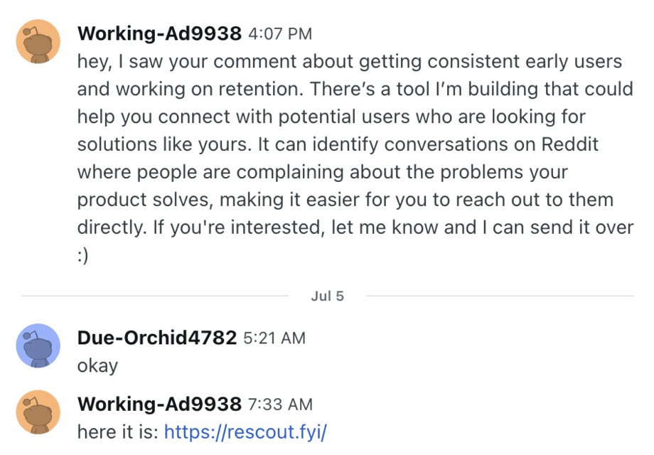 Reddit chat where a prospect replies to a Rescout outreach message (3 of 12)