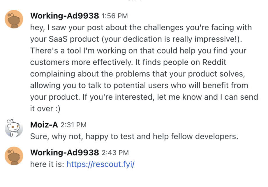 Reddit chat where a prospect replies to a Rescout outreach message (4 of 12)