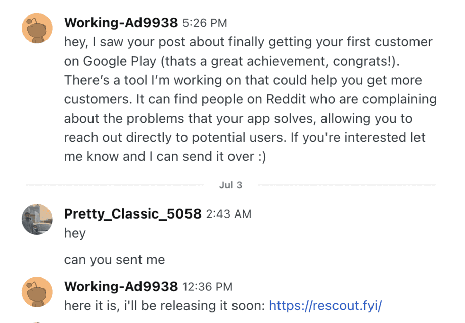 Reddit chat where a prospect replies to a Rescout outreach message (5 of 12)