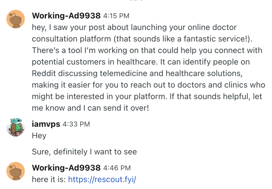 Reddit chat where a prospect replies to a Rescout outreach message (6 of 12)