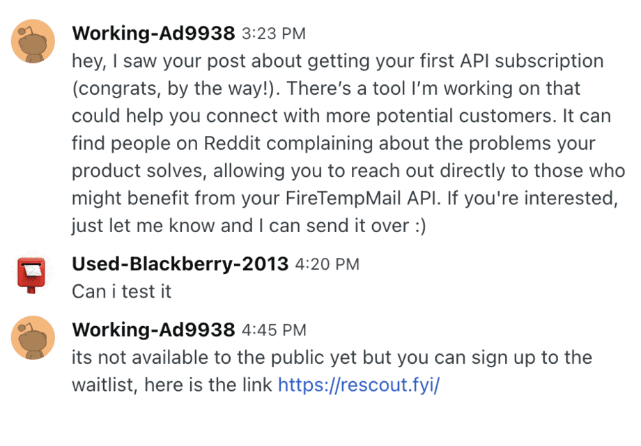 Reddit chat where a prospect replies to a Rescout outreach message (7 of 12)