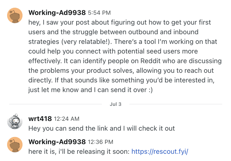 Reddit chat where a prospect replies to a Rescout outreach message (8 of 12)
