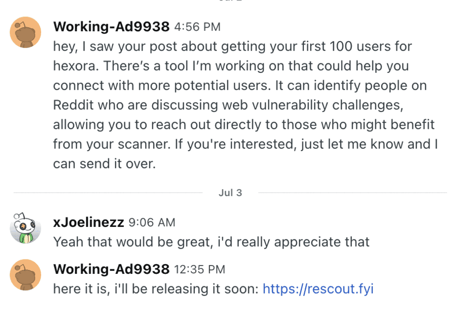 Reddit chat where a prospect replies to a Rescout outreach message (9 of 12)
