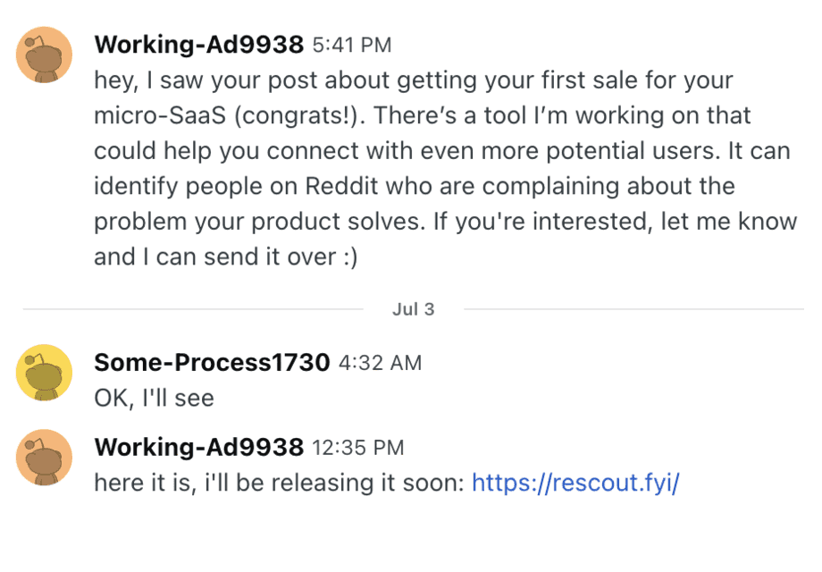 Reddit chat where a prospect replies to a Rescout outreach message (10 of 12)