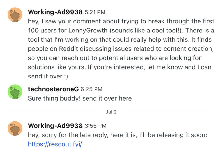 Reddit chat where a prospect replies to a Rescout outreach message (11 of 12)