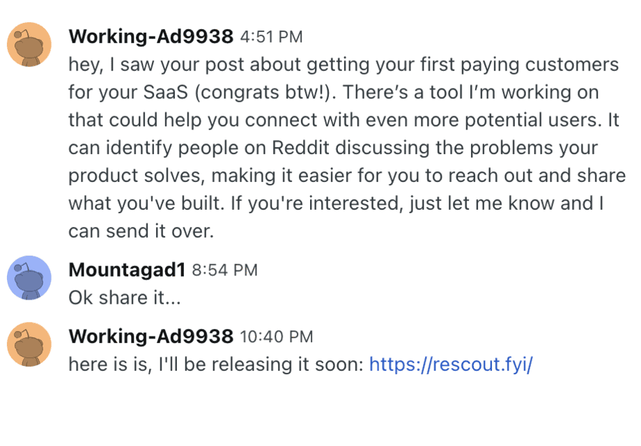 Reddit chat where a prospect replies to a Rescout outreach message (12 of 12)